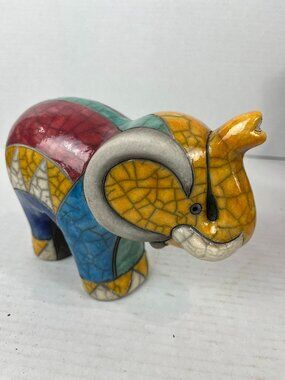 Colorful Mosaic Raku South African Art Pottery Elephant